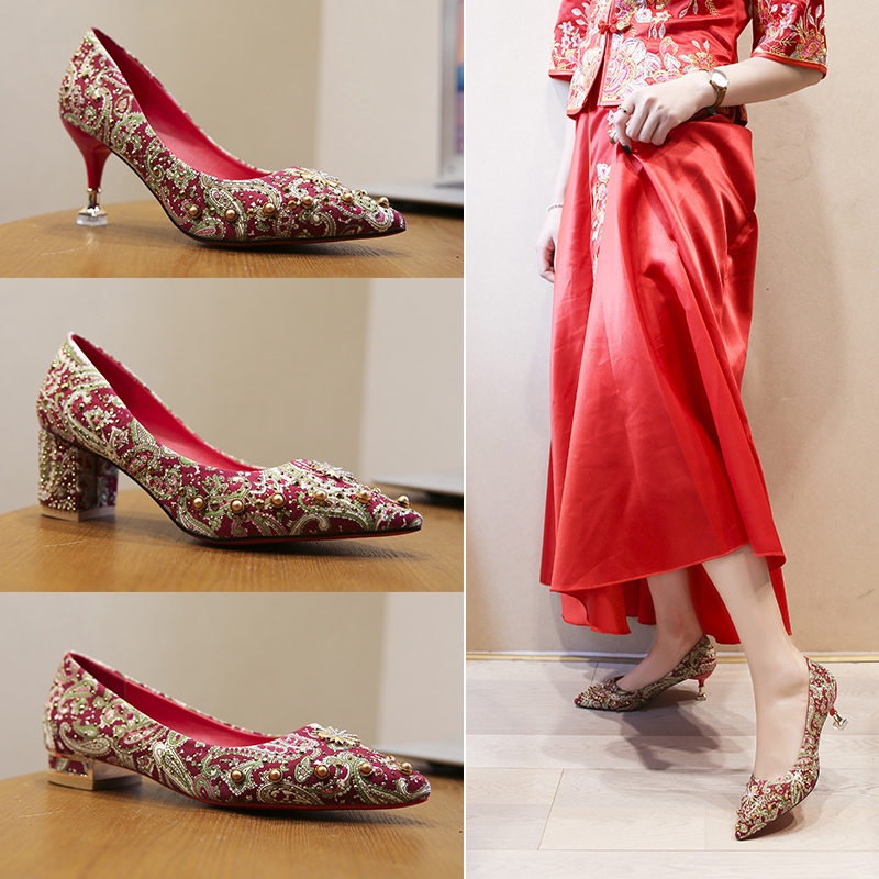 Sepatu Pernikahan  Bordir Merah Gaya Cina Sepatu  Hak Tinggi 