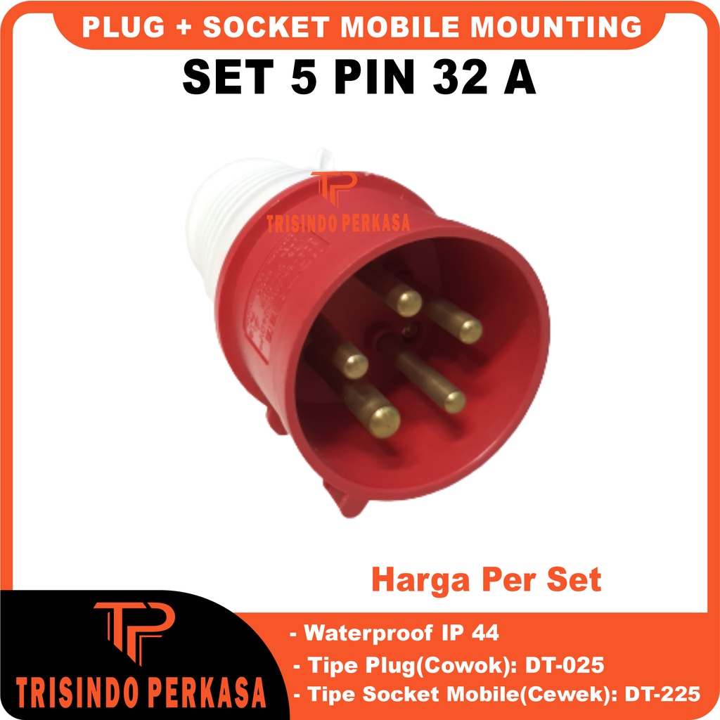 Plug Steker Socket industri/Industry Mobile Mounting 5 Pin 5P 32A (025 + 225) IP44 5 Kaki 5Kaki 32 Ampere