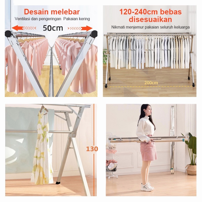 (COD) Jemuran Baju Lipat Stainless Steel Jemuran Pakaian Anti Karat Kuat Tempat Jemuran Baju Portable Stainles Gantungan Baju
