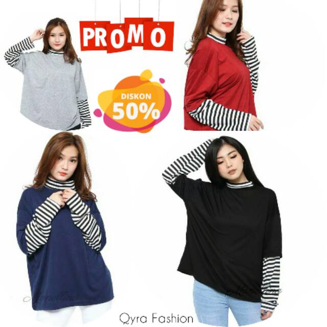 Baju atasan JUMBO kaos lengan panjang kombinasi belang hitam putih murah grosir promo