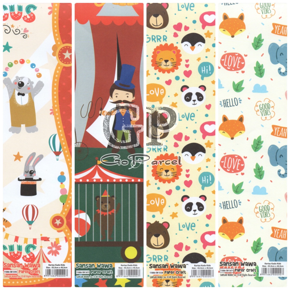 ( 5 Lembar ) ANIMAL SANWA -  KERTAS KADO CIRCUS - GIFT WRAP PAPER SANSAN WAWA FOX RABBIT LION BINATANG SIRKUS ELEPHANT BEAR