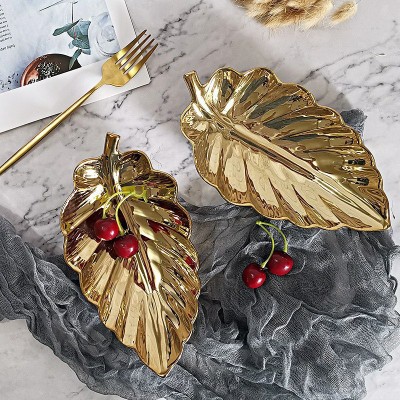 Piring Saji Keramik Bentuk Daun Warna Gold/piring Saji Unik/piring Hias Cantik