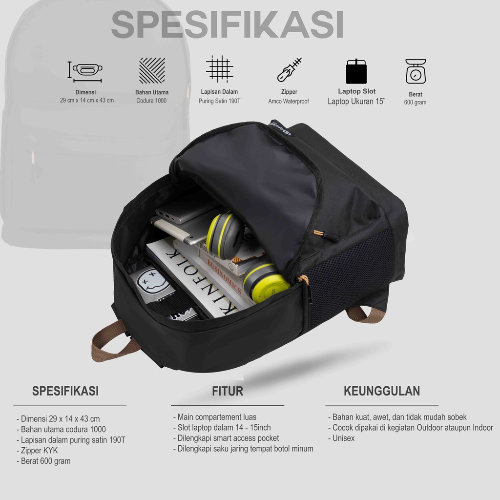 Tas Ransel Sekolah Kuliah Kampus Kerja Kantor Polos Murah Tas Waterproof Distro Backpack Tas Punggung Gendong Pria Wanita Full Black