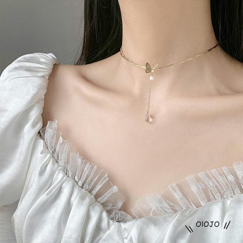 Kalung Rantai Clavicle Simple Dengan Liontin Kupu-Kupu + Tetesan Air Untuk Wanita ol2