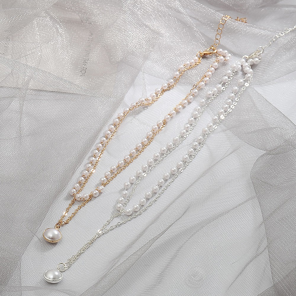 Kalung Choker Rantai Klavikula Double Layer Aksen Mutiara