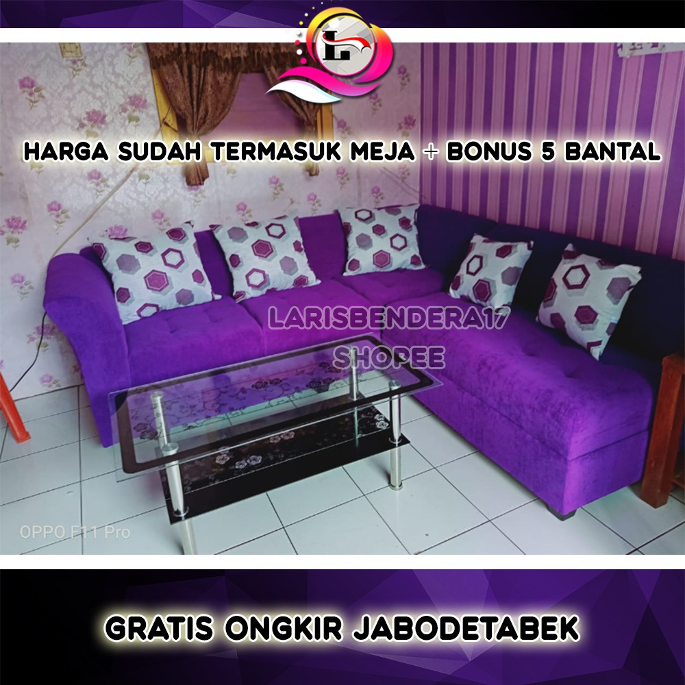 SOFA L Sandaran Tinggi Plus Meja | Bahan Bludru | [UNGU] - MEWAH - ELEGAN - MODERN