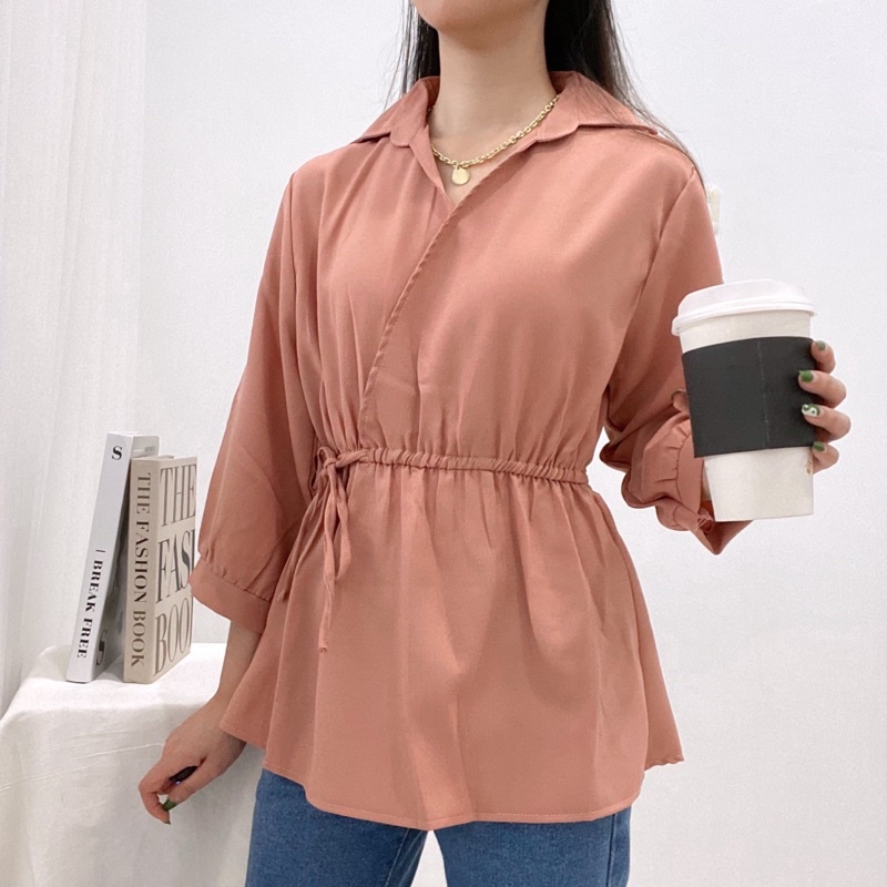 SAQILA Blouse V-Neck Kerah Formal Kimono Tied Waist / Atasan Kerja Wanita / Blouse Daily Casual 0347