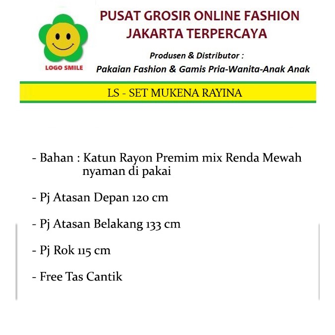 Set Mukena Rayina - Logo Smile (LS) - Ukuran All Size - Matt Katun Rayon Mix Renda