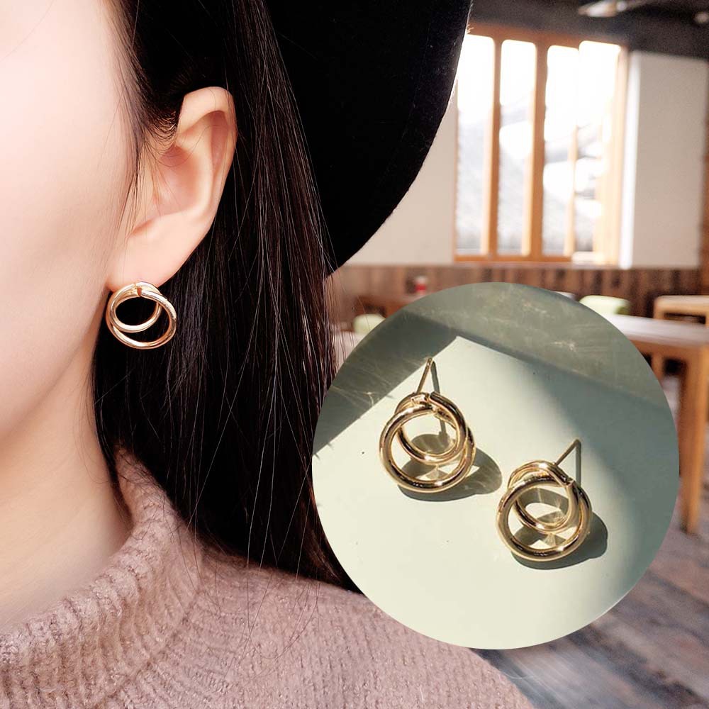 Korea sederhana double layer besar dan kecil lingkaran diikat stud anting-anting Korea gaya chic dan