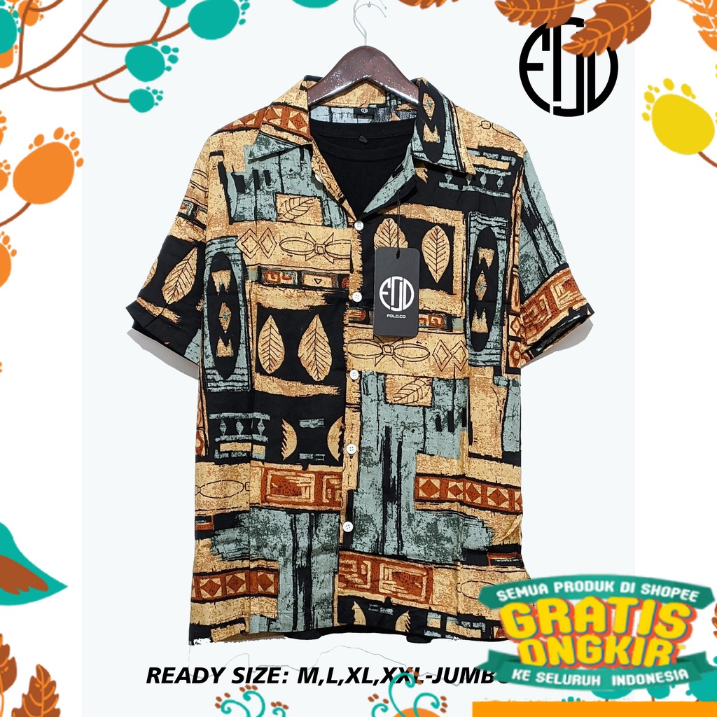Besar JUmbo 17agustus merdeka / Kemeja Pria Fold.co Vintage Lengan Pendek Kasual Motif Abstrak Retro