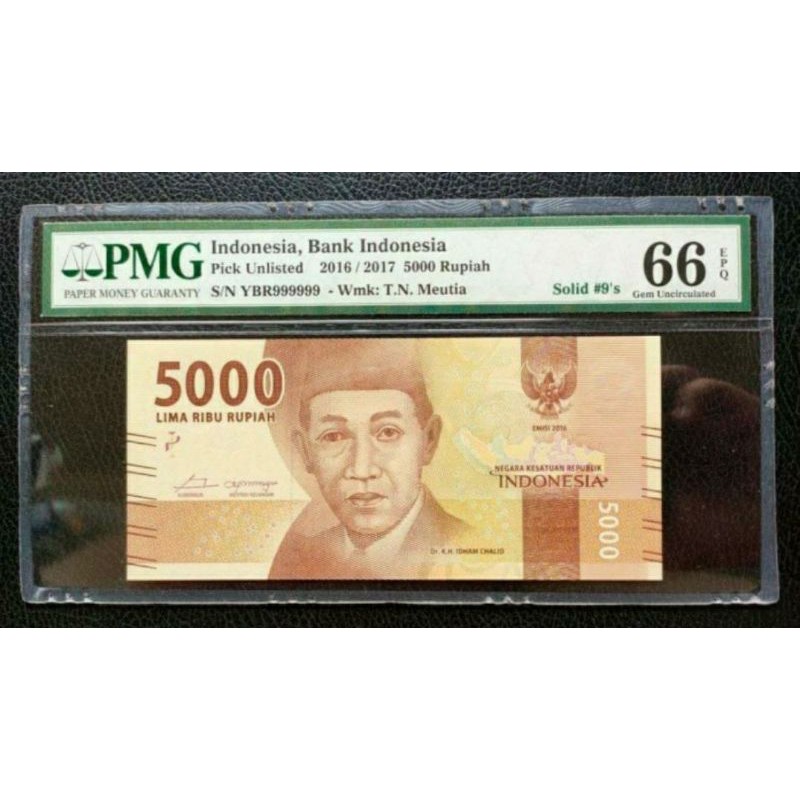 Uang Kertas Kuno 5000 Rupiah IDHAM CHALID 2016/2017 Nomor Cantik Solid 9 PMG 66