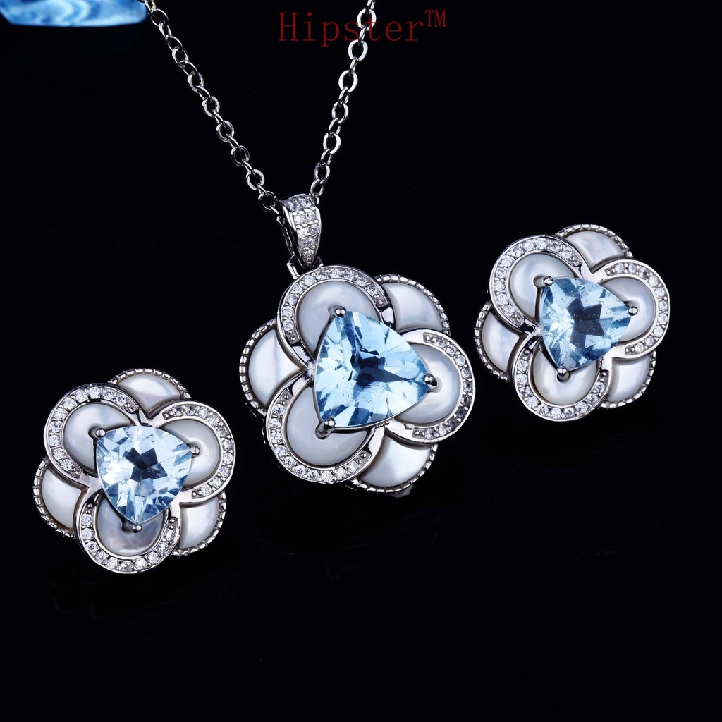 925 Silver Natural Topaz Four-Leaf Clover Pendant Earrings Jewelry Set for Women