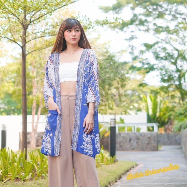 Dijual Outer Wanita Batik Wanita. Long Cardigan Jumbo- Sangkar Kupu - Biru Diskon