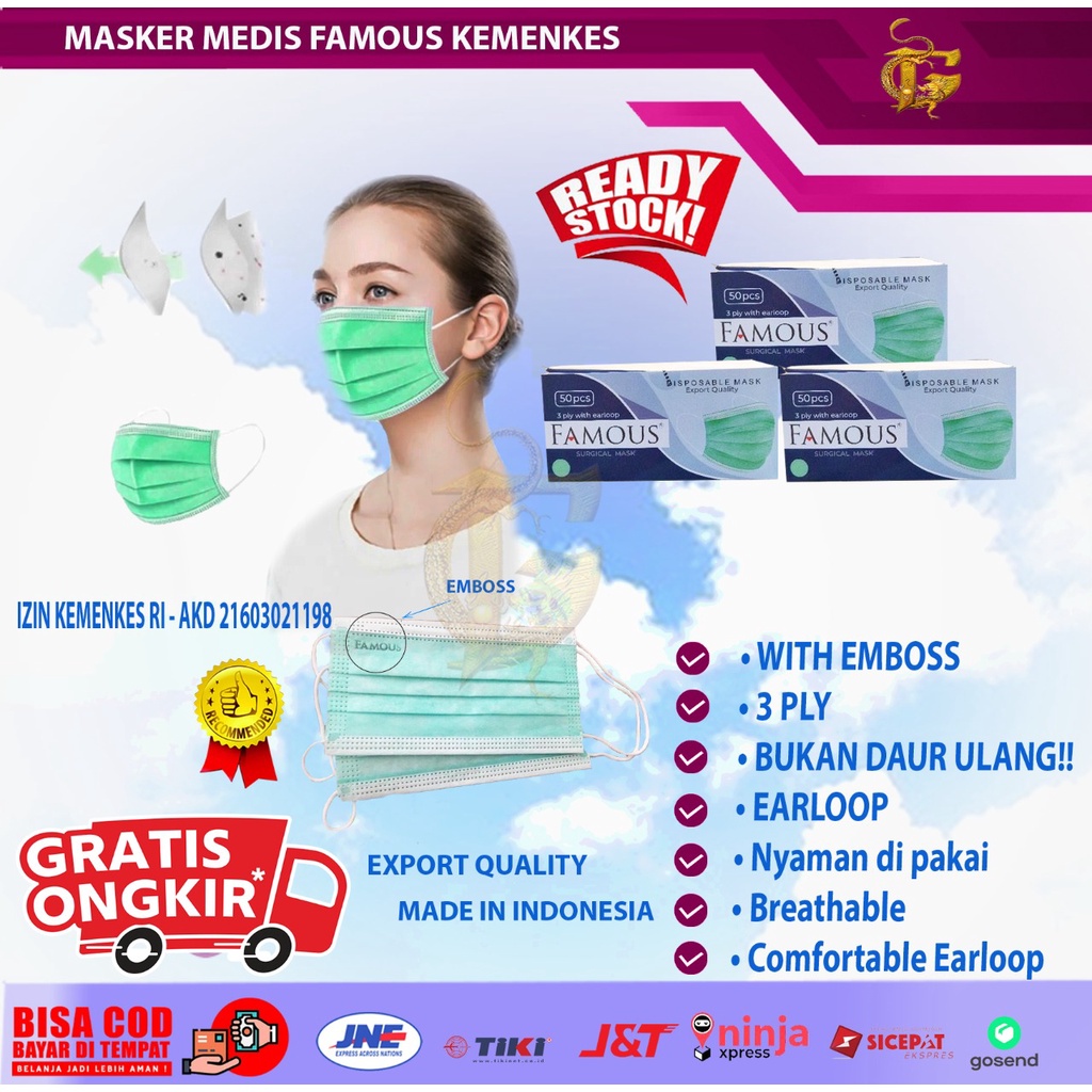 MASKER MEDIS FAMOUS 3PLY HIJAU SURGICAL MASK EARLOOP KEMENKES ISI 50 PCS