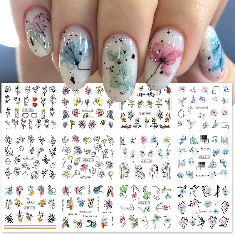 Harunouta Stiker Decal Motif Geometri / Daun / Bunga / Geometri Untuk Dekorasi Nail Art / Manicure DIY