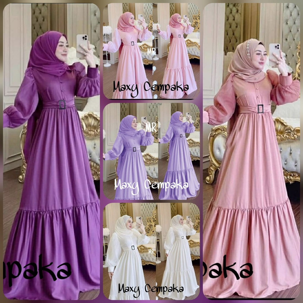 2 UKURAN L XL MAXY CEMPAKA FASHION PAKAIAN WANITA MUSLIM DRESS GAMIS MAXI BAHAN MOSCREPE TILE BUSUI FREE BELT MR ADA VIDEO REAL PICT