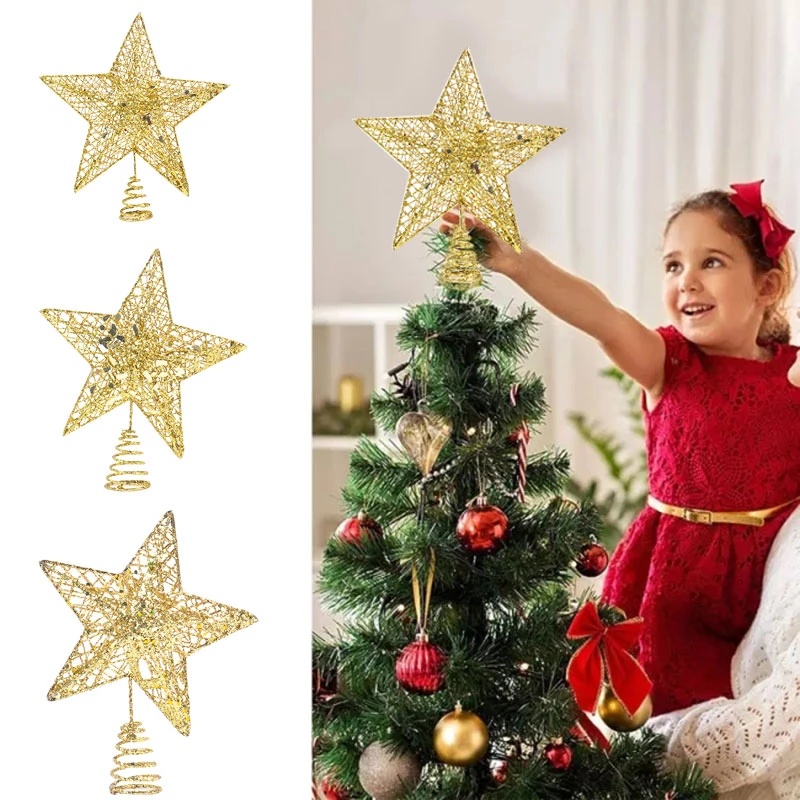 1pc Ornamen Bintang Bahan Kawat Besi Warna Emas Untuk Dekorasi Pohon Natal