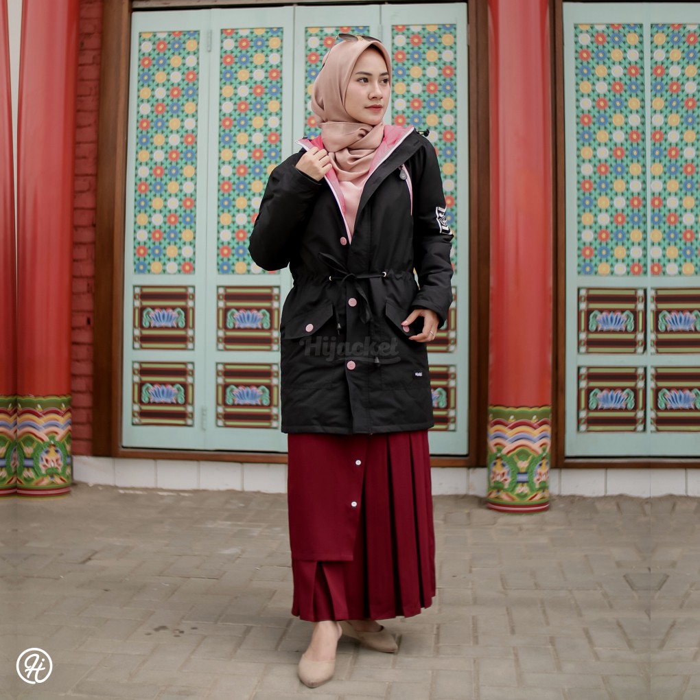 Jaket Parka Wanita Hijacket Montix Black Size L XL XXL Hoodie Waterproof Muslimah Premium-3