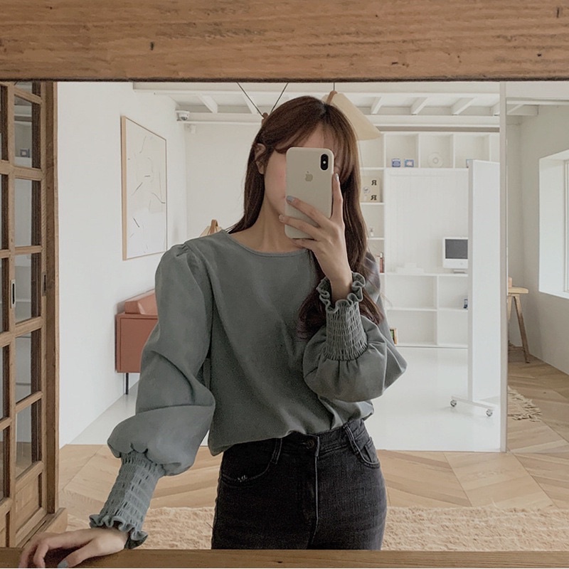 baju wanita import [POPPY]Blouse Korea lengan panjang kerut Import lengan balon