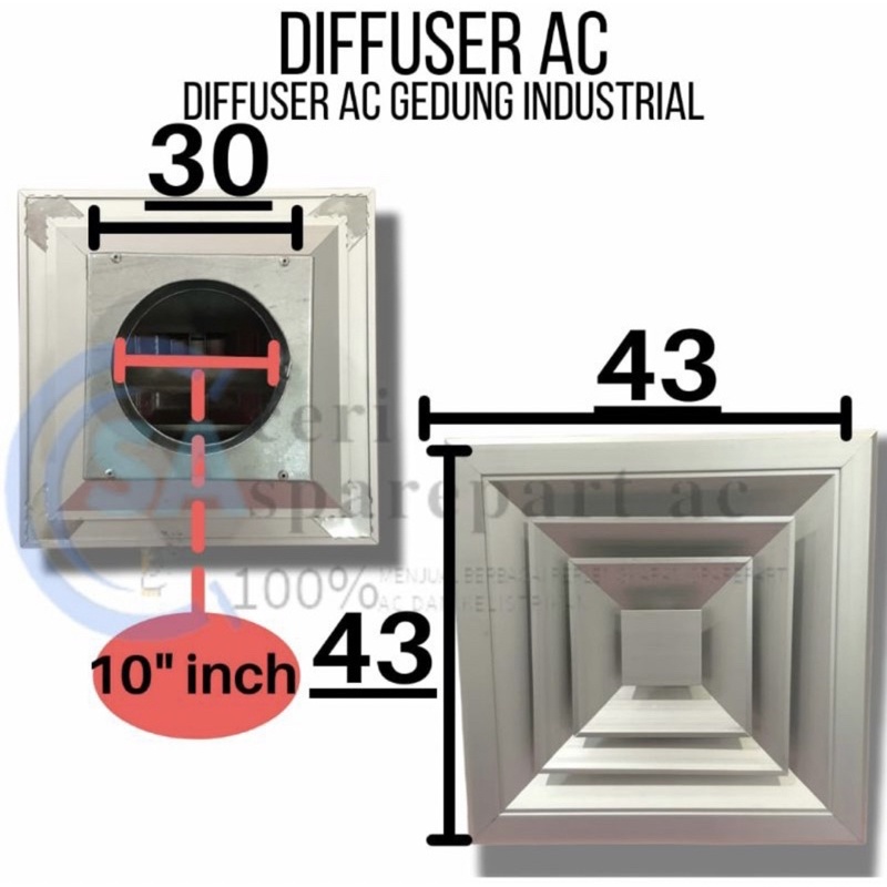 Difuser ac grill ducting 43x43cm luar + cerobong sock 10 inch Diffuser ac