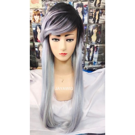 Wig Panjang 60cm Warna Silver Blue Rambut Palsu Wanita Lurus Panjang