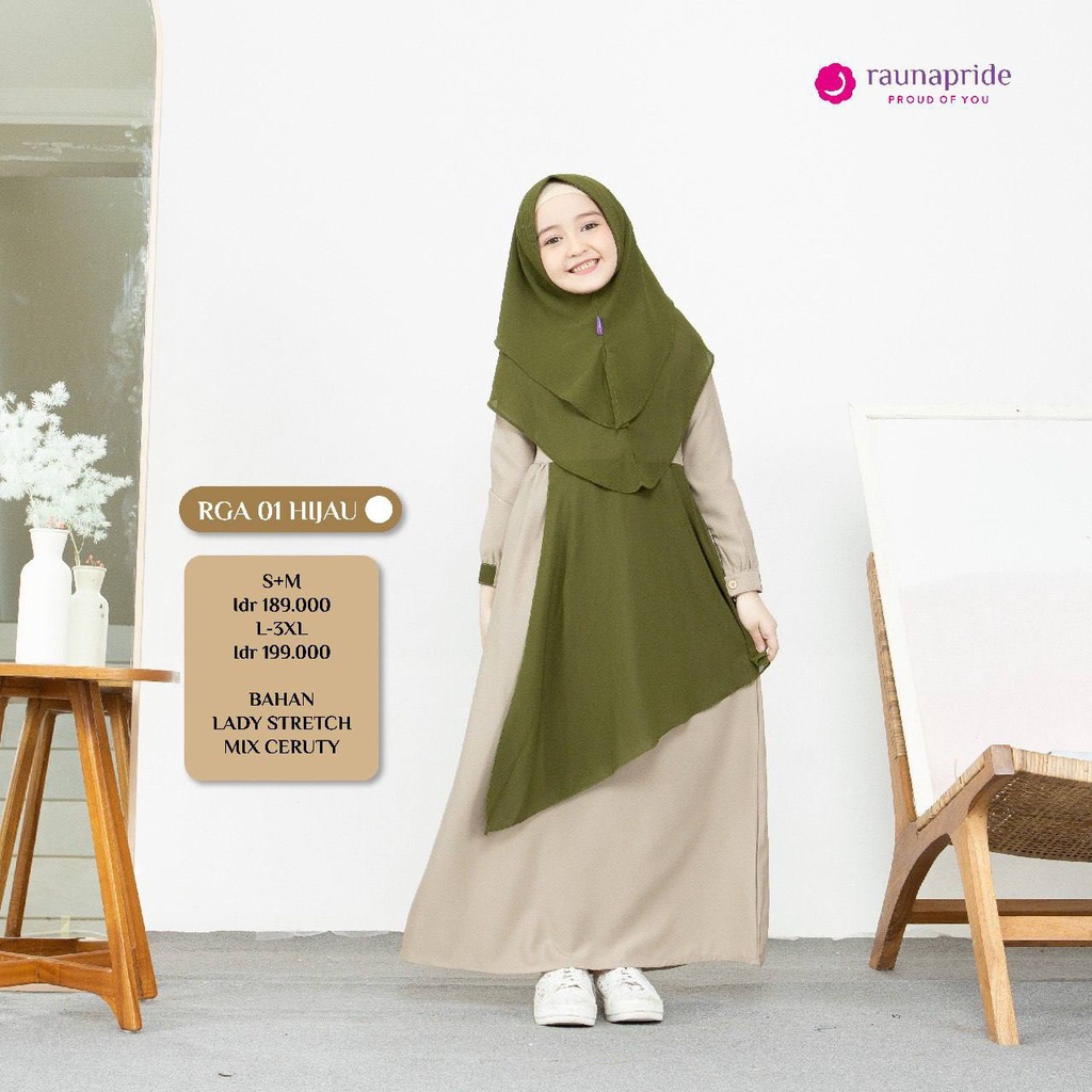 RAUNA GAMIS ANAK RGA 01 HIJAU BAJU BUSANA MUSLIM DRESS PEREMPUAN WARNA ARMY BAHAN SIFON CERUTY SIZE 