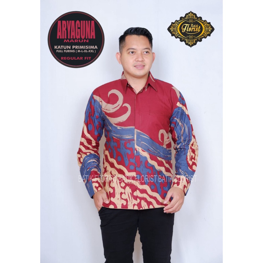 Batik prabuseno pria lengan panjang modern  marron biru cream ORIGINAL PREMIUM KEKINIAN TERBARU