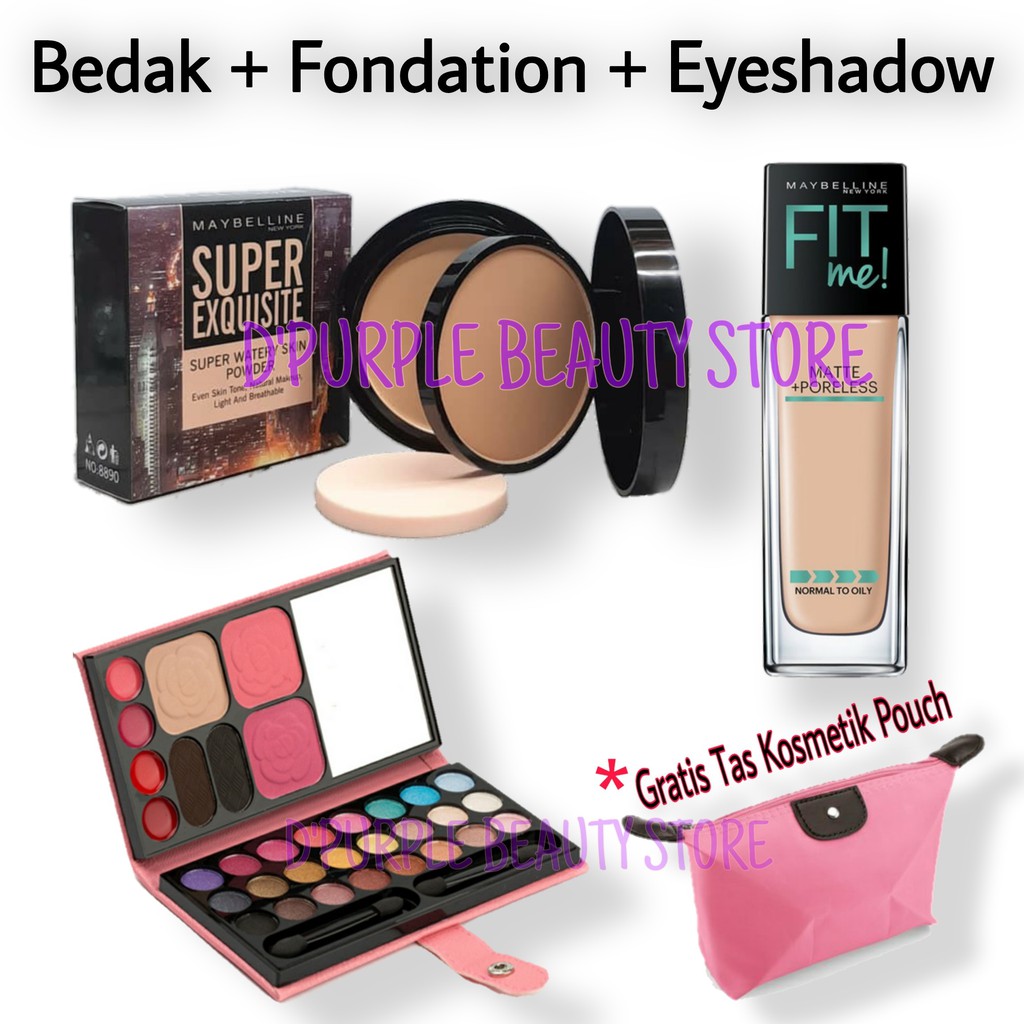 Paket Kosmetik Maybelline  Lenkap Murah 3 In 1 - Bedak - Foundation - Eyeshadow Dompet