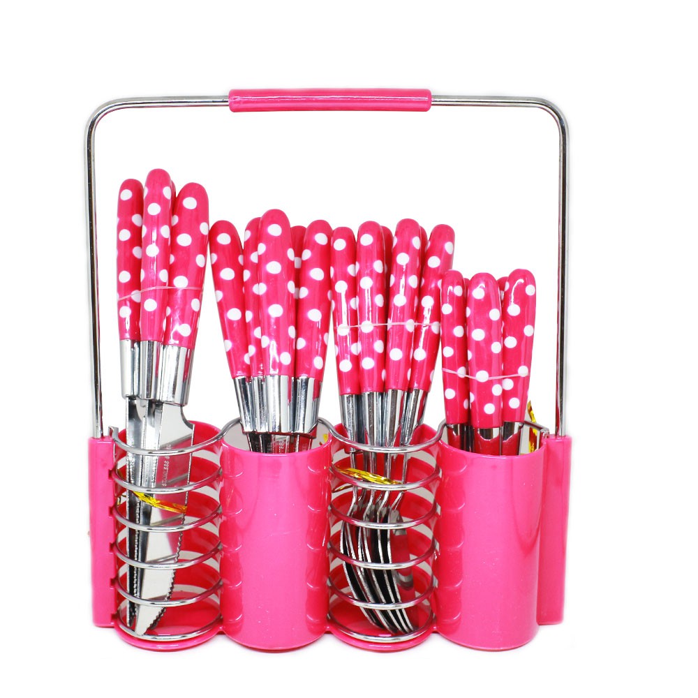 Sendok Makan set Polkadot 24 pcs Stainless + Rak Stenlis - Warna