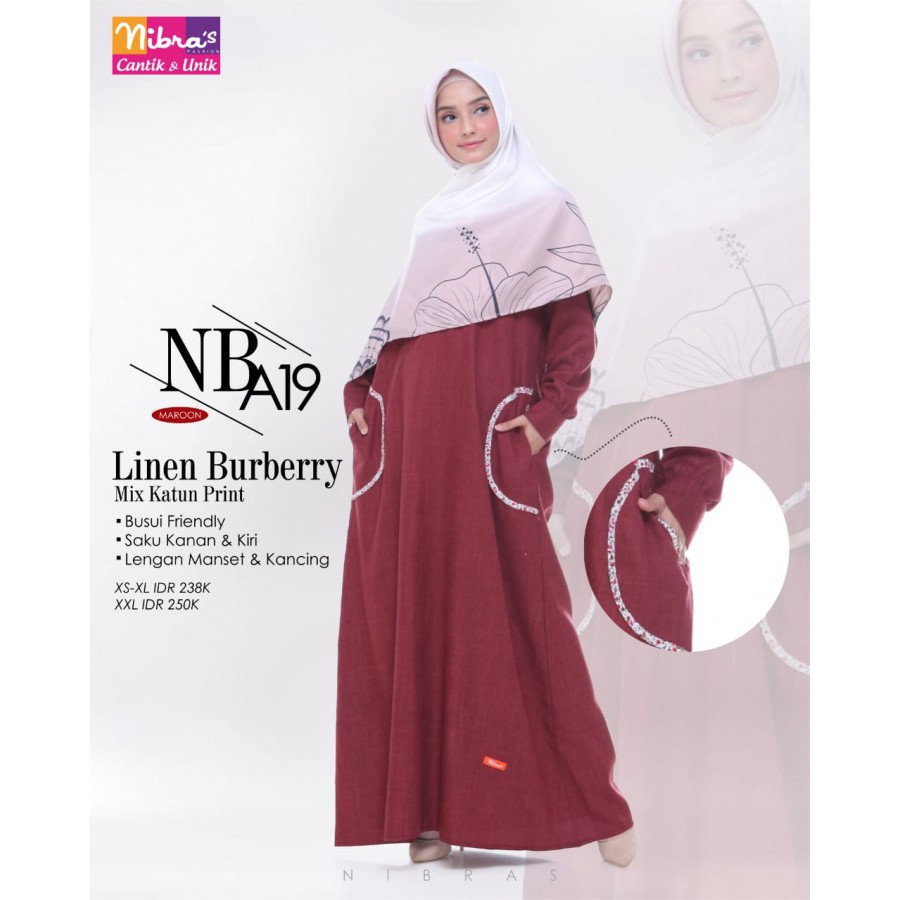 NIBRAS GAMIS NB A19 MAROON BAHAN LINEN BURBERRY BUSUI FASHION MUSLIMAH TERBARU SYARI MURAH