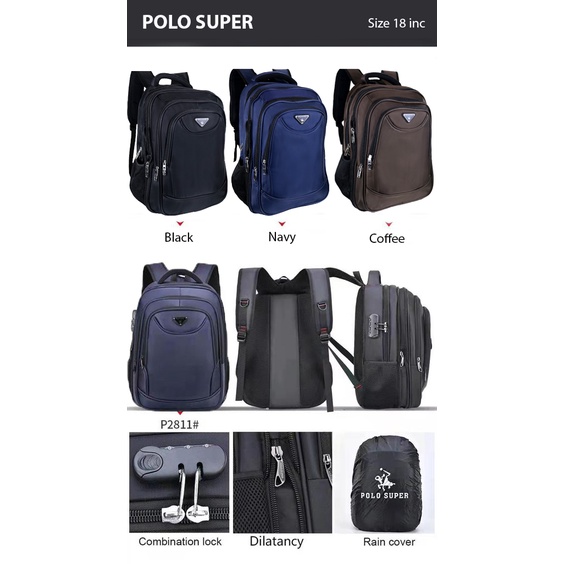 POLO SUPER - Tas Pria Ransel Laptop 18 inc Expanding Jumbo Size Ransel Mudik Import Tas Travelling Polo Original Backpack Expanding Big Size USB Portable