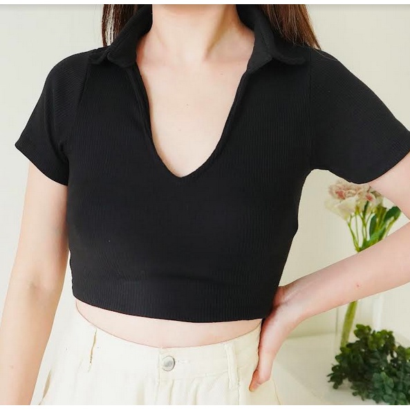 Crop Top Knit Baju Atasan Wanita Kaos Croptop V Neck 076