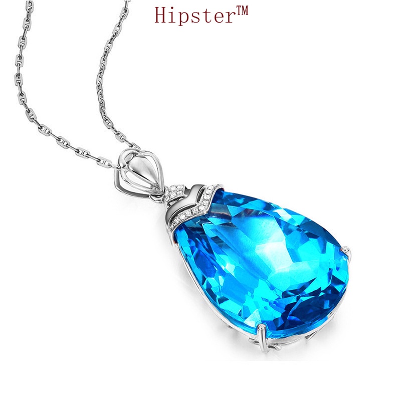 Hot Sale Classic Fashion Pear-Shaped Blue Tourmaline Pendant White Gold Necklace