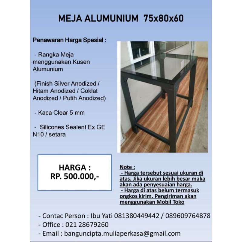 Meja Alumunium dan Kaca Ukuran 75x80x60