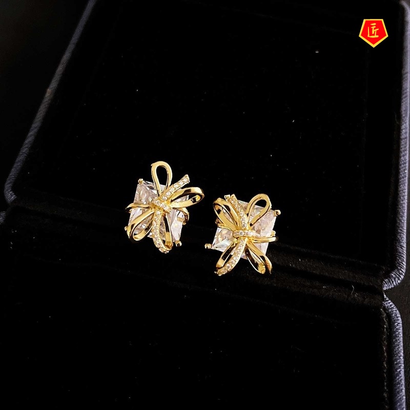 [Ready Stock]S925 Silver Stud Earrings Gift Box Shape Diamond Bow Design