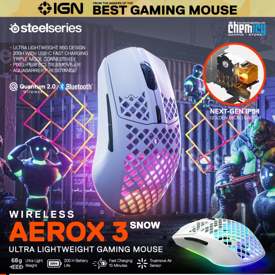 Steelseries Aerox 3 Snow RGB Wireless Ultra-Lightweight Gaming Mouse