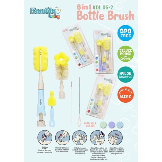 KANDILA / CROWN 6in1 SIKAT BOTOL Susu + Sedotan + Dot Bayi - Bottle + Straw + Nipple Brush SET - DELUXE - PA FREE