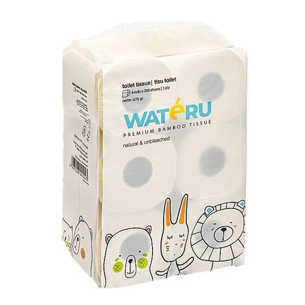 Wateru Premium Bamboo Unbleached Toilet Tissue 6 Rolls x 200 Sheets