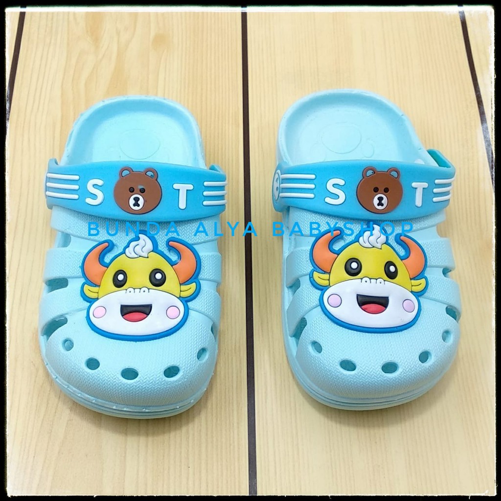 Sendal Anak Laki Import Usia 6 Bulanan Elastis BIRU MUDA - Sandal Anak Cowok Motif COW Karet Anti Licin