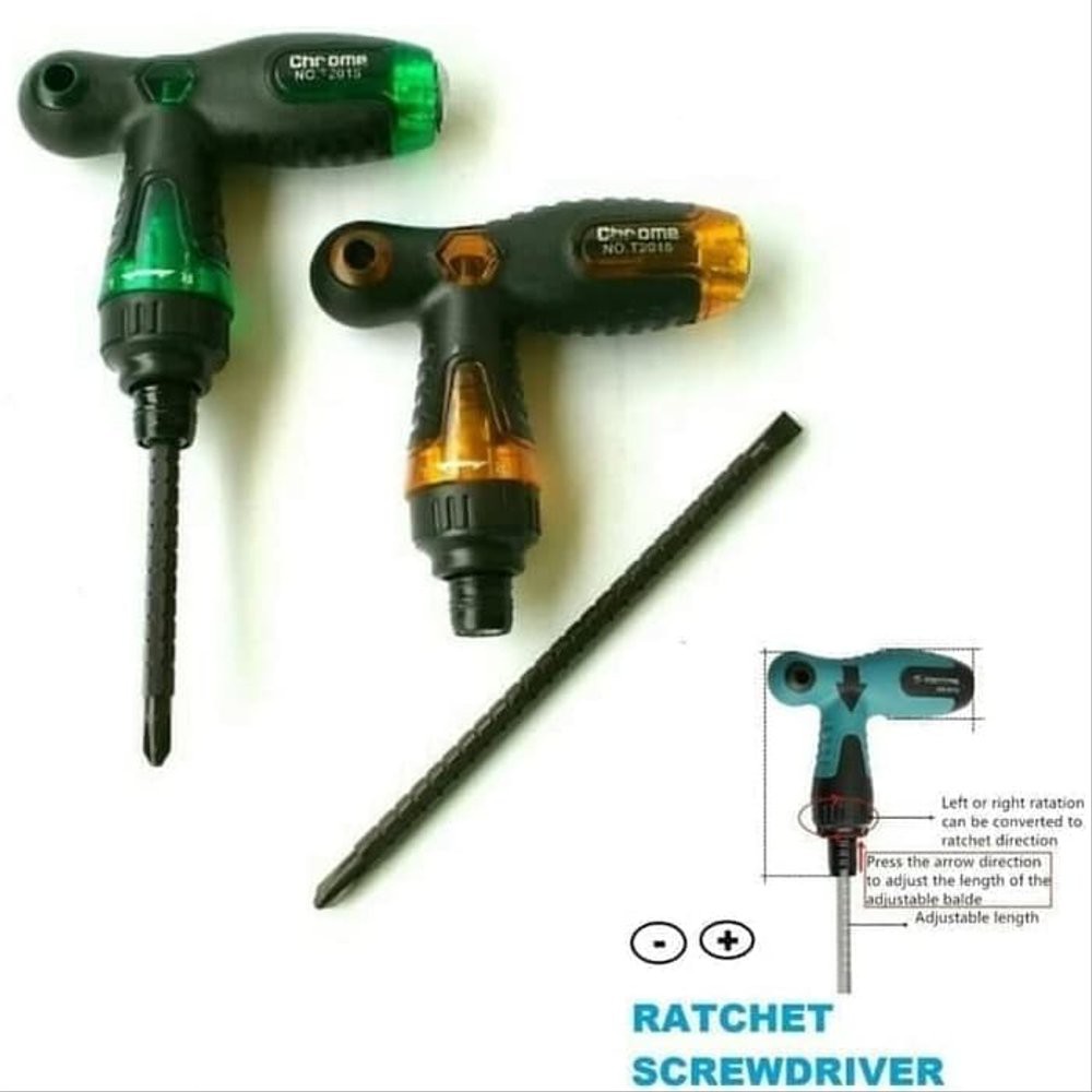 Obeng Ratchet T Chrome 2in1 Screwdriver - Obeng T Bolak Balik Rachet 2 Way Mata Magnet Plus Minus - Gagang Karet