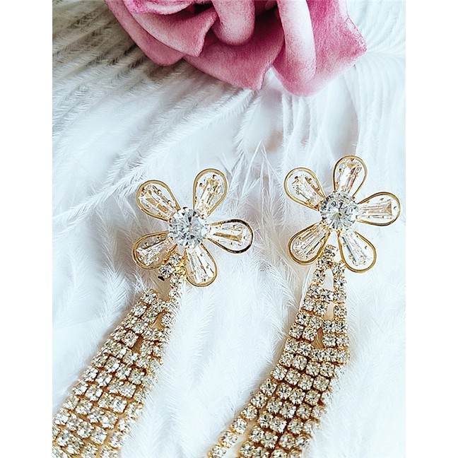 LRC Anting Tusuk Fashion Yellow Alloy Flower-studded Tassel Earrings D28675