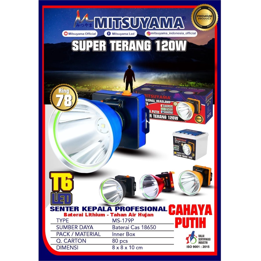 Mitsuyama Senter Kepala LED Super Terang Lithium MS179P LAMPU PUTIH 120 Watt With Dimmer Switch Super LED Rechargeable FREE Cable Bundle 16 JAM