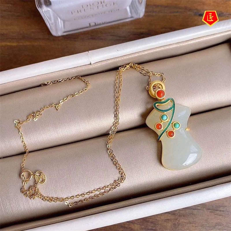 [Ready Stock]Hotian Jade Pendant Cheongsam Women's Gold Inlaid Jade Necklace