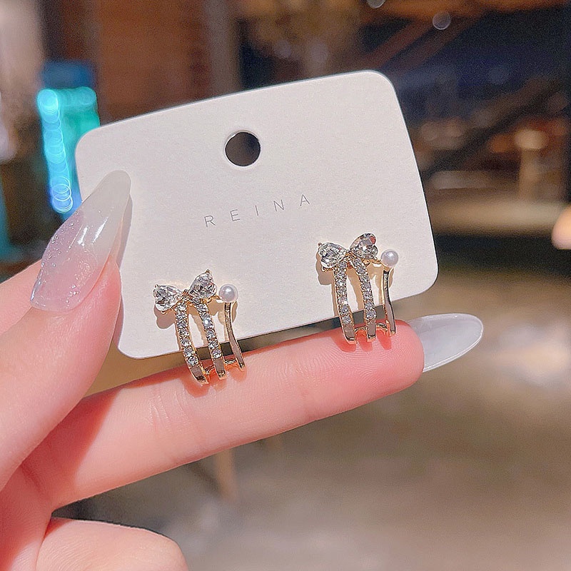 Anting Tusuk Sterling silver 925 Desain Pita Hias Zircon + Mutiara Untuk Wanita