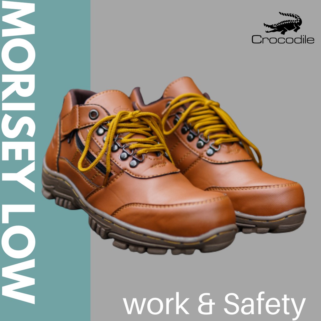Sepatu boots safety Crocodile Morisey Low Pendek tracking gunung ujung besi-Tan