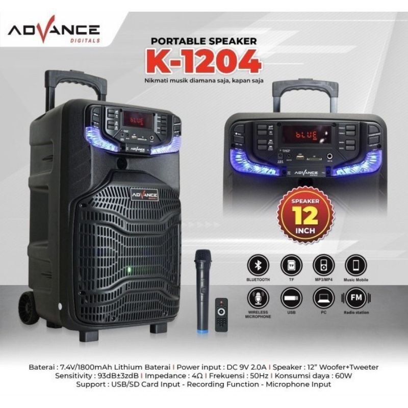 Speaker Advance K1204 Meeting Bluetooth Portable Plus Mic Wireless Karaoke pengajian senam Gitar / speaker karaoke oke / K-1204