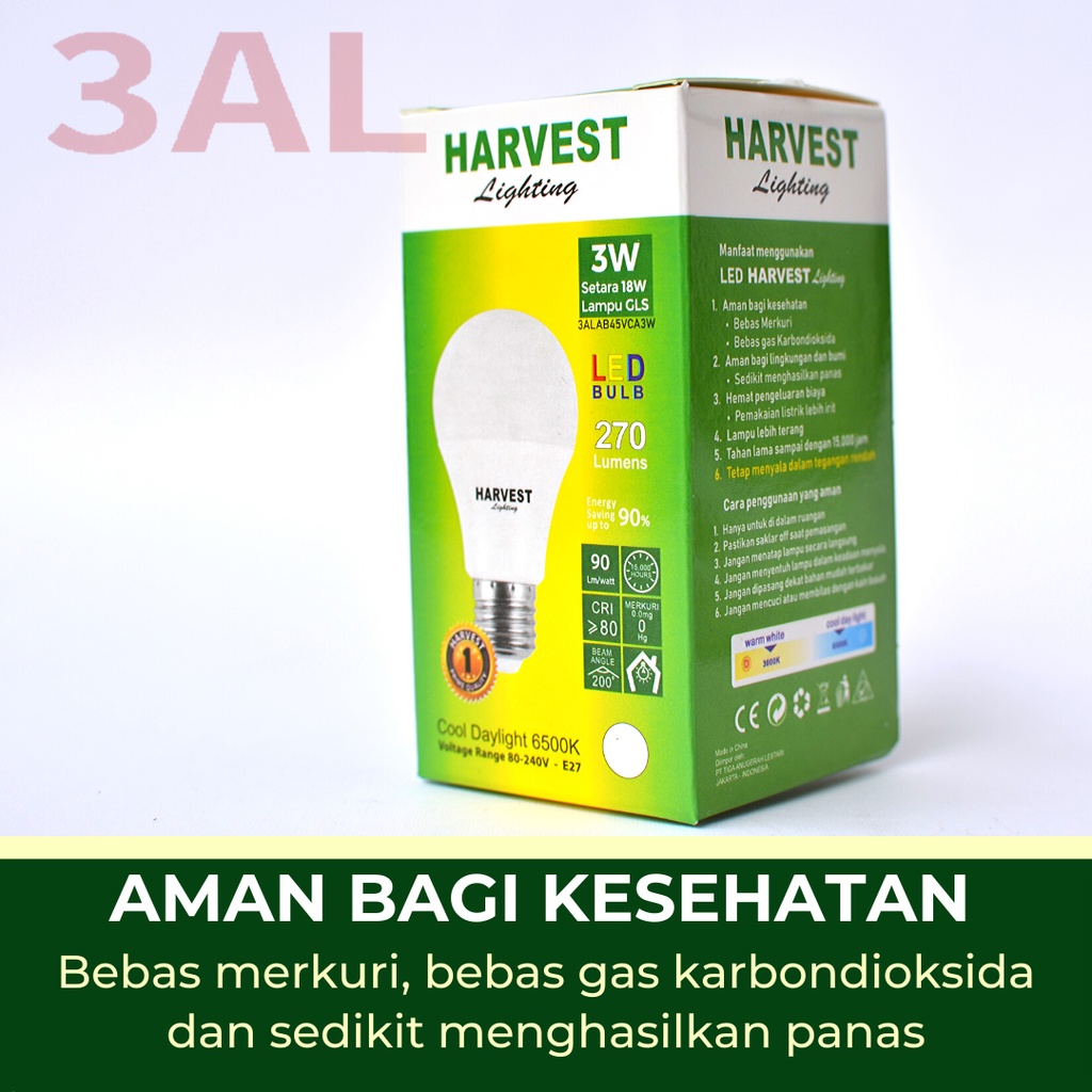 3W - Paket Isi 9 - HARVEST LIGHTING Lampu Bohlam LED A Bulb  3 Watt Lampu Hemat Energi Original Bersertifikasi SNI dan Bergaransi