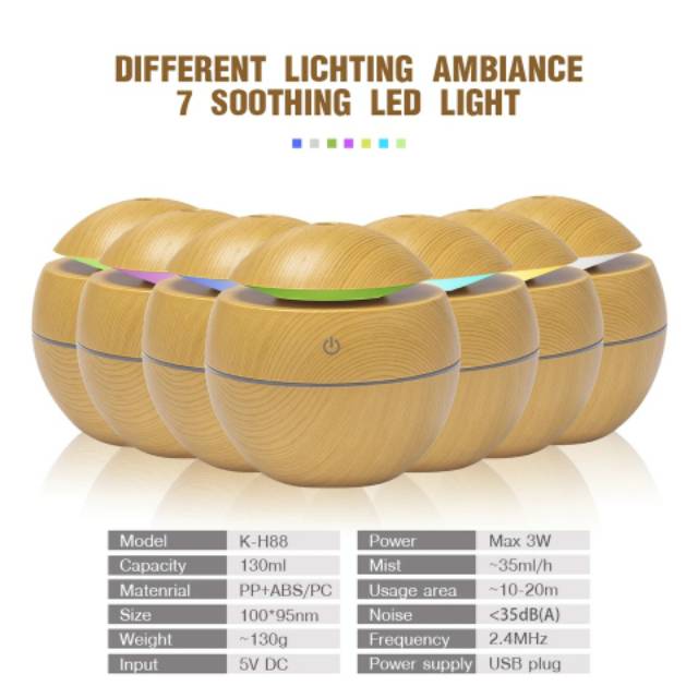 HUMIDIFIER DIFFUSER PURIFIER PELEMBAB PENGHARUM UDARA RUANGAN KAPASITAS KECIL 130ml BULAT WOODEN LED