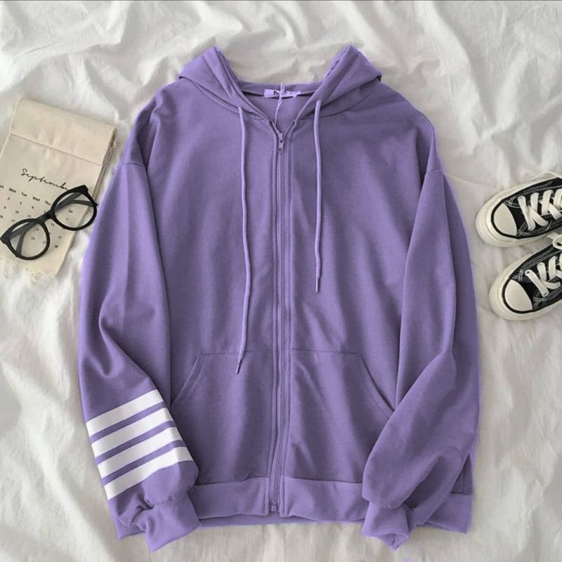 HOODIE ZIPER SWEATER WANITA - REGLAN SALUR HOODIE FLEECE TEBAL - HOODIE WANITA-Purple salur