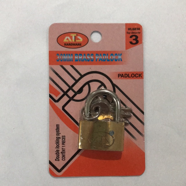 Gembok Kuningan Poles ATS 30mm Blister - Kunci Gantung Koper Pendek Kilap Kunci Bawah - Padlock 30